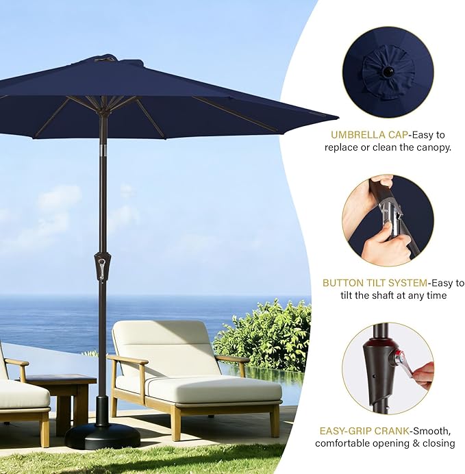 MEWAY 9ft Patio Umbrella Outdoor Table Umbrellas with Push Button Tilt and Crank, Market Umbrella 8 Sturdy Ribs for Deck, Garden, Pool and Backyard, Navy MEWAY