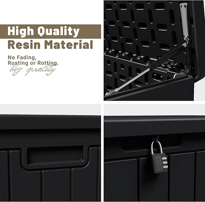 JUMMICO 90 Gallon Waterproof Resin Deck Box, Double Wall Outdoor Storage Box with Lockable Lid for Garden Tools, Patio Cushions, Pools (Black) JUMMICO