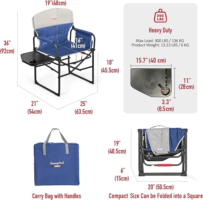 SUNNYFEEL Heated Camping Directors Chair, Heavy Duty,Oversized Outdoor Portable Heating Folding Chair with Side Table, Pocket for Beach, Fishing,Trip,Picnic,Lawn,Concert Foldable Camp Chairs SunnyFeelCamping