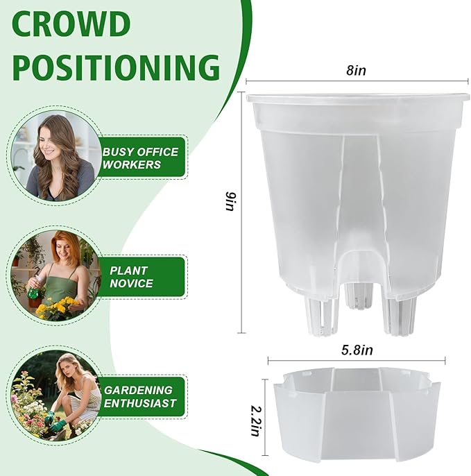 Cdd's Path Large Naked Root Planter Self Watering Pots Set with Holes for Indoor/Outdoor Plants, Planter Pot with Watering Hole/Reservior and Air Pipes (Clear, 8 inch-5 Pack) Rootora