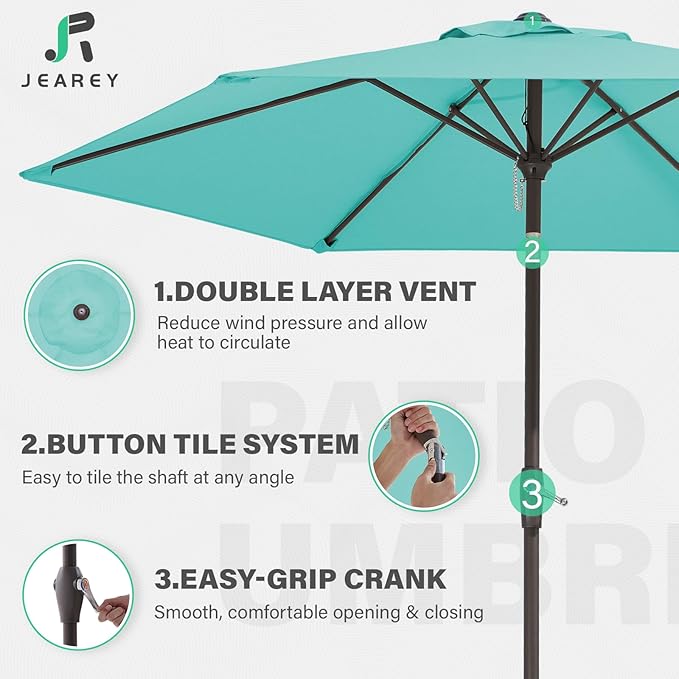 JEAREY 7.5FT Patio Umbrella Market Table Umbrella with 6 Sturdy Ribs, Push Button Tilt/Crank Outdoor Umbrella for Garden, Deck, Backyard, Pool and Beach,Teal Blue JEAREYOutdoorsCollection