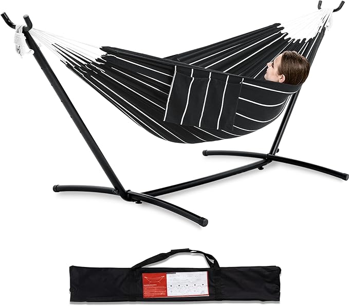 PNAEUT Double Hammocks with Stand for Outside, Portable Space Saving Heavy-Duty Steel Stand for Indoor Outdoor Patio with Carrying Bag, 450 lbs Capacity (Chasm) PNAEUT