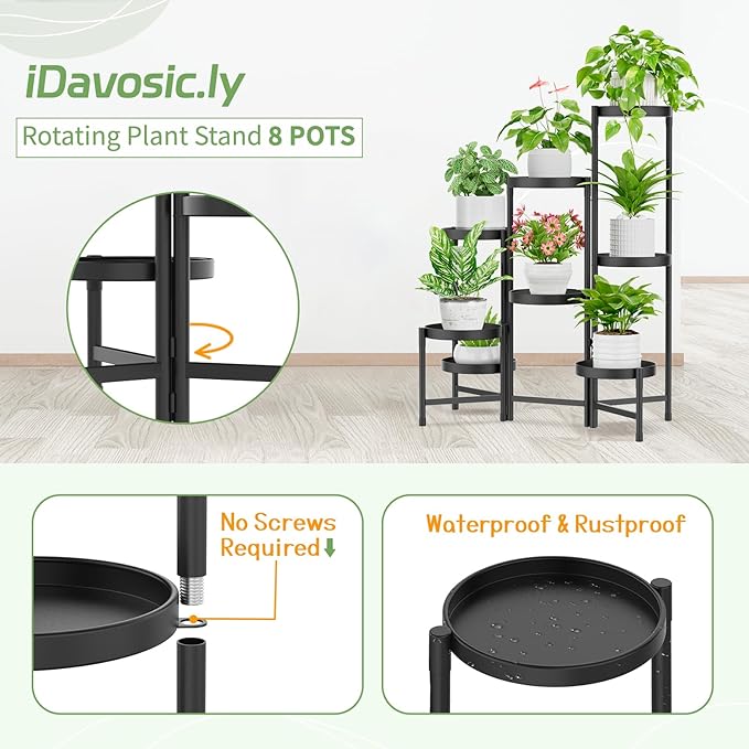 iDavosic.ly Plant Stand Indoor Outdoor, 8 Tier Corner Metal Flower Display Holder Shelf, Easy Assembly Folding Tall Orchid Rack for Patio Balcony Porch Garden Living Room House, Black iDavosicly
