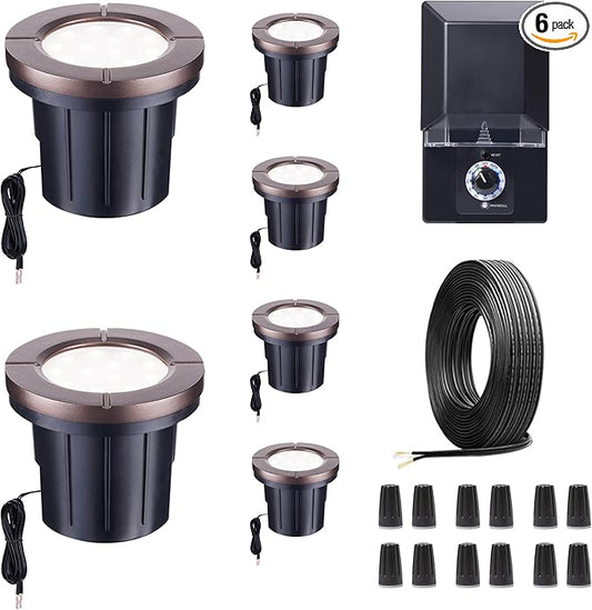 LED Well Light Kit, 6 Pack In Ground Landscape Lights and 100W Transformer and 100FT Cable and 30 Wire Connectors, 12V IP67 Waterproof Aluminum for Patio Pathway Lawn 6W 580LM Varmtalys