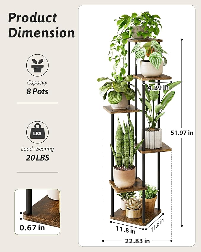 Corner Plant Stand Indoor 6 Tiered Tall Plant Stand Plant Shelf for Multiple Plants Coner Shelf Wood Plant Stands Metal Shelving for Living Room Bedroom Balcony Patio Brown Oak Gentingbro