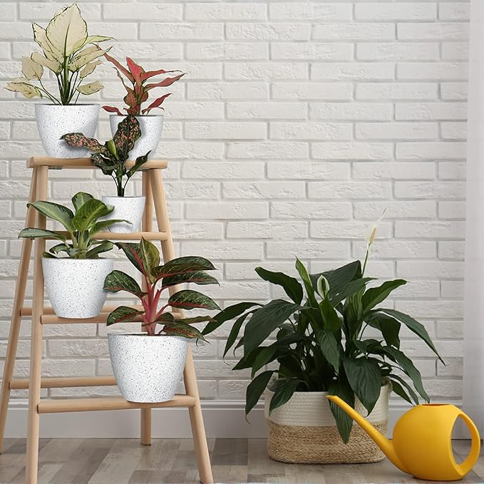 5 Pcs Plant pots, 7.5/6.5/5.7/4.9/4.1 inch Pots for Plants, Flower Pot Indoor Modern Decorative Plant Pot, Plant Pots Indoor with Drainage and Saucer for All House Plants, Spray Spots LOKEISNA