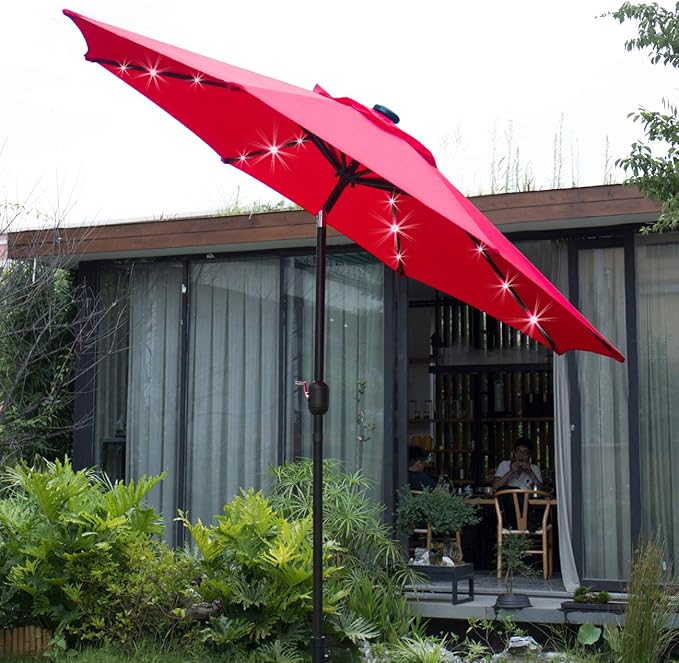 Sunnyglade 9' Solar LED Lighted Patio Umbrella with 8 Ribs/Tilt Adjustment and Crank Lift System (Red) Sunnyglade