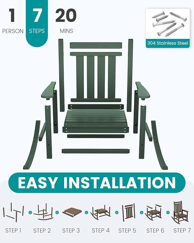 SERWALL Oversized Outdoor Rocking Chair Set of 4, HDPE Rocker for Adults, Patio Rocking Chairs for Porch, Green SERWALL