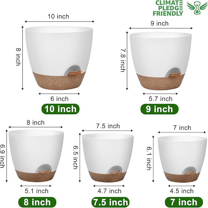 Plant Pots 10/9/8/7.5/7 Inch Self Watering Pots, Set of 5 Plastic Planters with Drainage Holes and Saucers,Plastic Flower Pots,Nursery Planting Pot for Indoor Out Door Plants（White） QRRICA