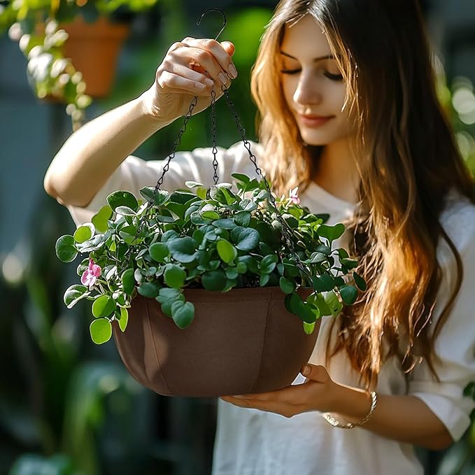 T4U Hanging Planters for Outdoor Plants, 12 Inch 6 Pack Fabric Hanging Baskets with Drainage Tray, Decorative Hanging Pots for Plants Outdoor Patio Porch Garden Use（Brown） T4U