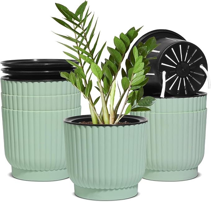 T4U 6 Inch Self Watering Pots for Indoor Plants, 6 Pack Plant Pots, Self Watering Planter for Indoor Plants, Durable Plastic Pots, Flower, Succulents (6 Pack, 6", Green) T4U