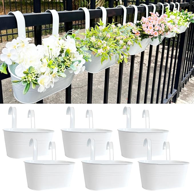 10" Hanging Flower Pots, Pack of 6 White Metal Outdoor Patio Balcony Planter, Railing Planters Fence Pot with Detachable Hook & Drainage Hole for Small Plants (White, 6Pcs) JOYFERNAL