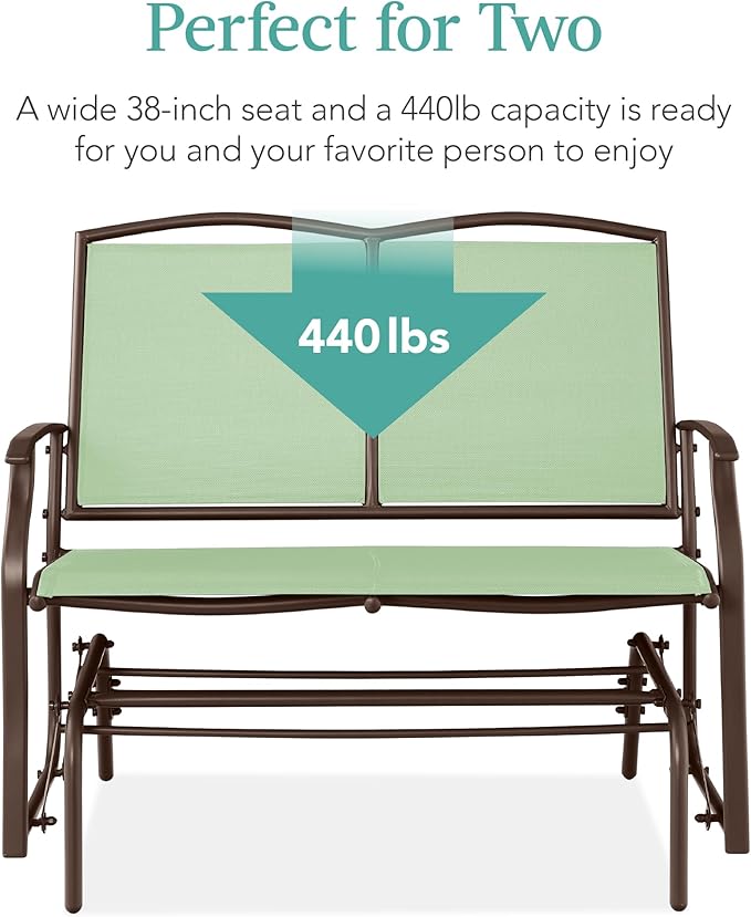 Best Choice Products 2-Person Outdoor Patio Swing Glider Steel Bench Loveseat Rocker for Deck, Porch w/Textilene Fabric, Steel Frame - Sage Green/Brown BestChoiceProducts