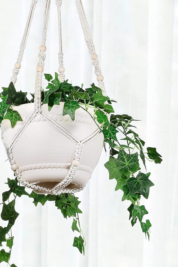 43 Inches Macrame Planter Hanger Large for 12 inch Pot + Swag Hook (Extra Long & Big) | Large Hanging Planter for Indoor Plants | No Tassel, Cotton Rope, NO Pot/Plant Included (Beige)(XL) Shineloha