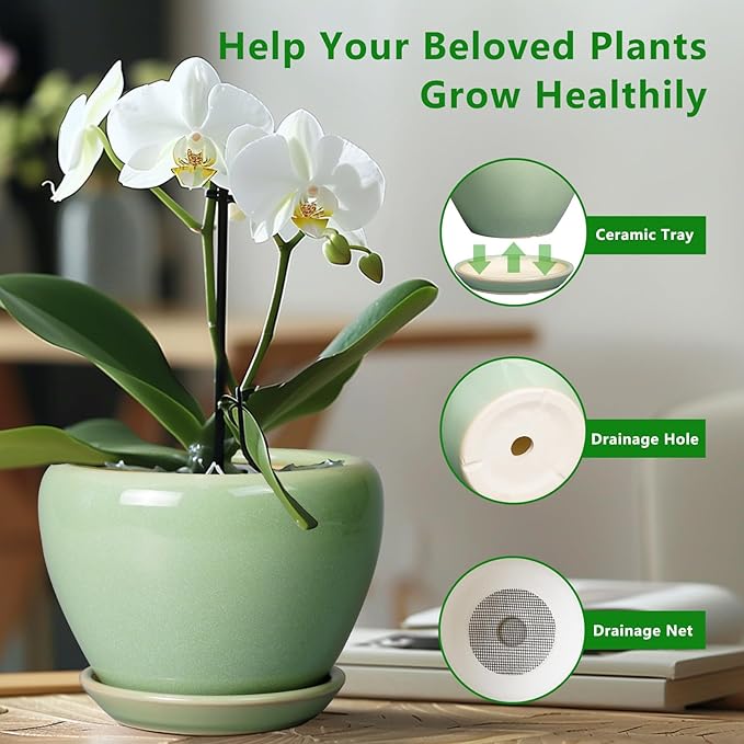 Ceramic Planter Pot - 10 Inch Plant Pot for Indoor Plants Decorative Planter with Drainage Hole and Saucer Large Pot for Plants Outdoor Round Flower Pot for Garden Green Ceramicfor