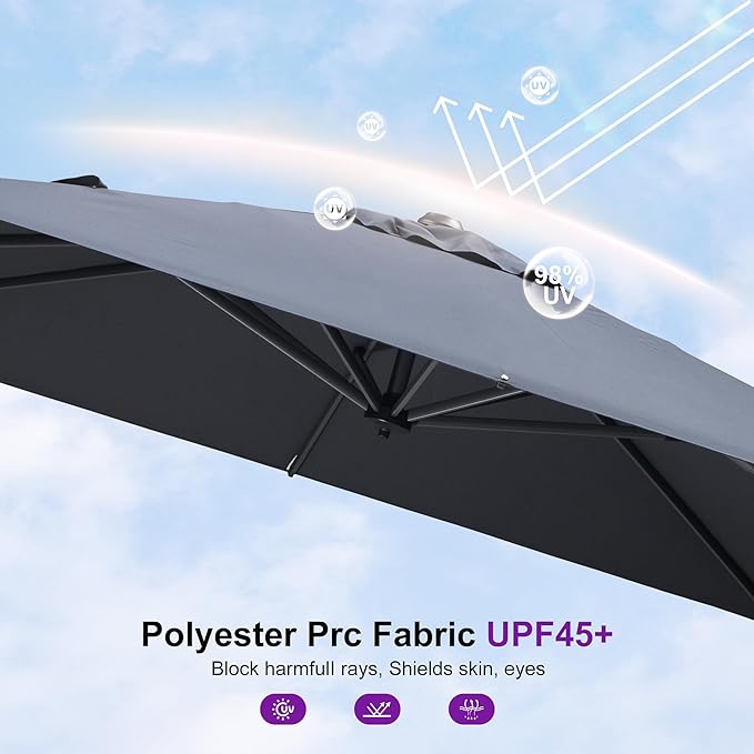 PURPLE LEAF 8' X 8' Patio Umbrella with Steel Plate Base for Pool 7' High Offset Outdoor Cantilever Umbrella Swimming Pool Umbrella with 360°Rotation for Poolside Light Grey PURPLELEAF