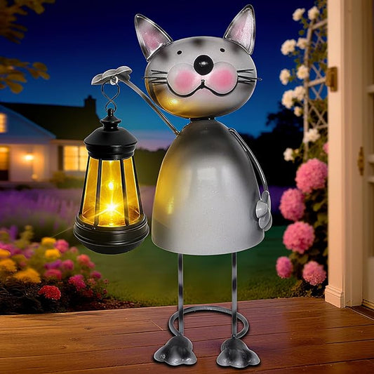 Garden Decor Cat Solar Statues,Unique Garden Statues Cat with Solar Lantern Waterproof, Birthday Gifts for Women Mom Grandma, Front Patio Balcony Yard Art Lawn Ornaments Porch Outdoor Decoration yulloyello
