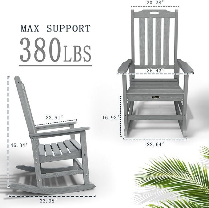 Oversized Rocking Chair Set of 8, Outdoor Rocking Chair for Adults, All Weather Resistant Porch Rocker for Lawn Garden, Grey THOEOE
