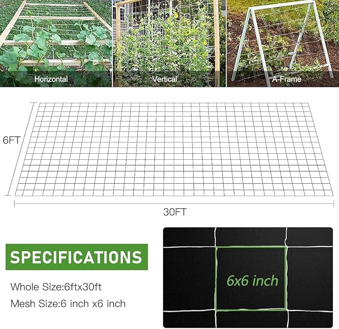 Trellis Netting, CANAGROW Heavy-Duty Garden Plant Trellis Netting for Climbing Plants, Outdoor Indoor Grow Net for Beans Tomatoes Peas Pumpkin Flowers, 𝟔 𝐱 𝟑𝟎𝐟𝐭, 𝐏𝐚𝐜𝐤 of 4 CANAGROW