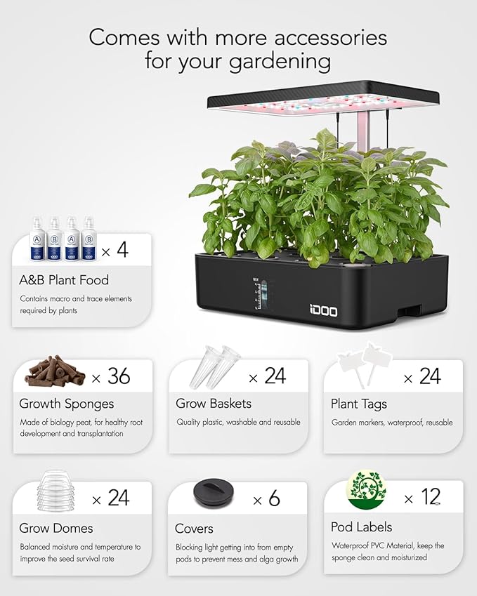 iDOO Hydroponics Growing System Kit 12Pods, Christmas Gifts for Women Mom, Herb Garden Indoor with LED Grow Light for Home, Built-in Fan, Auto-Timer, Adjustable Height Up to 11.3", 12Pods Kit-Black idoo