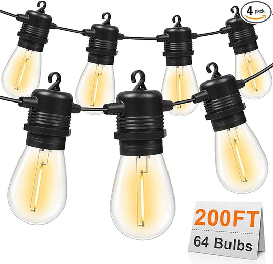 200FT(50FT*4) LED Outdoor String Lights Waterproof Patio Lights with 64 Shatterproof S14 Edison Bulbs(4 Spare), Dimmable Hanging Outdoor Light Connectable for Yard, Porch, 2700K Warm White GvvooHome