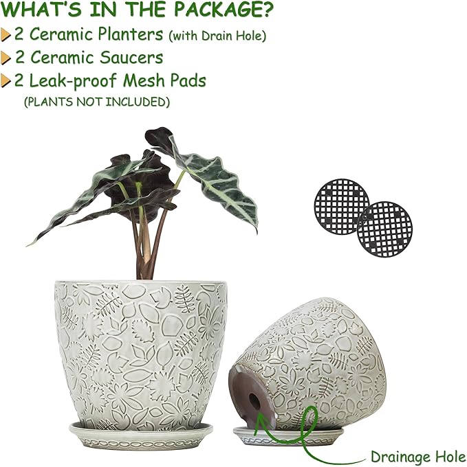 8 Inch + 6 Inch Retro Ceramic Planter Set of 2 with Drainage Hole and Saucer for Multiple Plants, Indoor-Outdoor Garden Pots for Succulent, Orchid, and Flower (Retro White) Bestseler