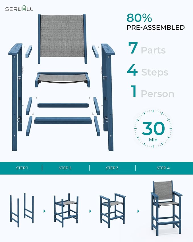 SERWALL 3 Pieces Textilene Adirondack Bar Set, Tall Adirondack Bar Height Chairs with Bar Table, Sling Balcony Adirondack Chairs, Weather Resistance Resin Outdoor Bar Height Stools, Blue SERWALL