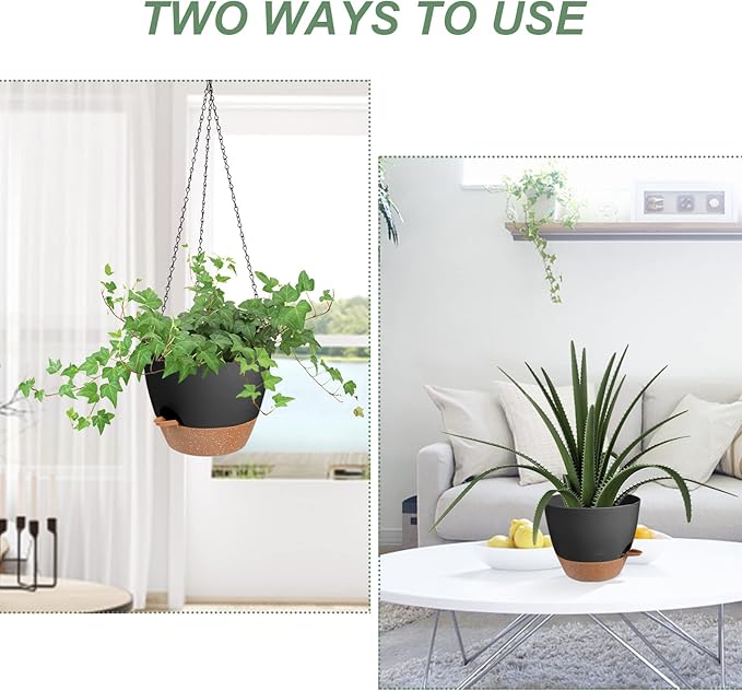 Hanging Planters for Indoor Outdoor Plants, 2 Pack Self Watering Hanging Pot with Drainage Holes & Removable Tray (Black, 10'') Vanslogreen