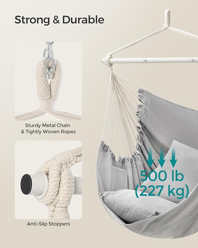 SONGMICS Hammock Chair, Load Capacity 500 lb, Hanging Chair with 2 Cushions, Large Hammock Swing with Chain and Pocket, for Indoor, Outdoor, Living Room, Bedroom, Dove Gray UGDC197G01 SONGMICSbySONGMICSHOME