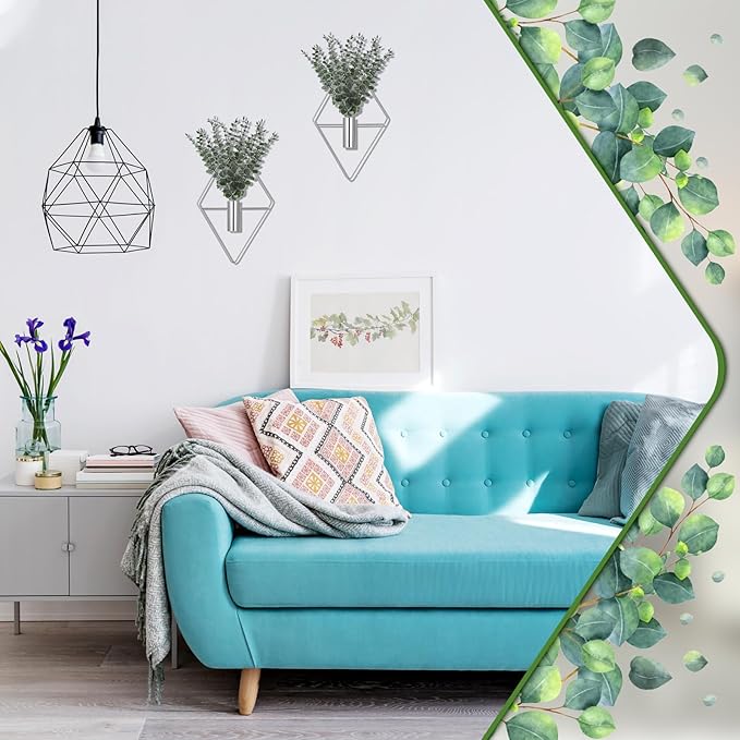 Jexine 8 Pcs Hanging Planters with Artificial Eucalyptus Metal Hanging Vase Indoor Plants Holder Modern Geometric Boho Bathroom Wall Decor for Living Room Home Office (Eucalyptus,Chrome Sliver) Jexine