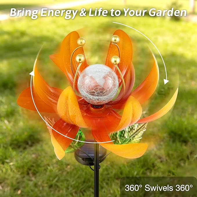 Outdoor Solar Lights Garden Decor,Wind Spinner Yard Decorations for Outside, Lotus Garden Windmill with LED Cracked Crystal Waterproof Flower Sculpture for Patio Lawn Gardening Gifts AIINY