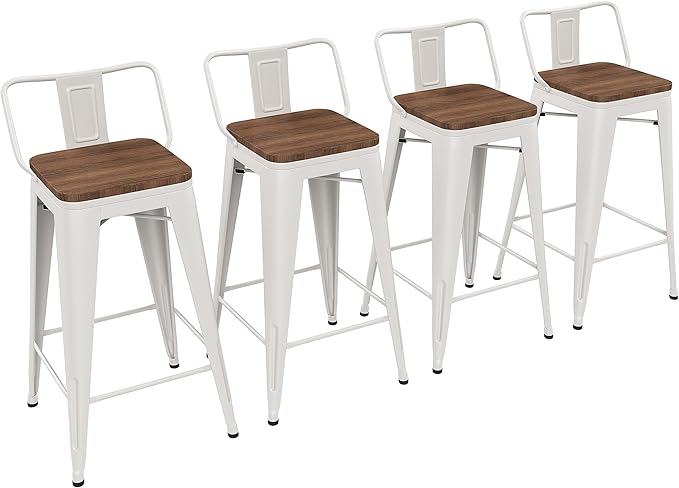 Yongchuang 26 inch Metal Bar Stools Set of 4 Counter Height Barstools Farmhouse Kitchen Bar Chairs with Wood Seat Low Back Cream White YongchuangInternational