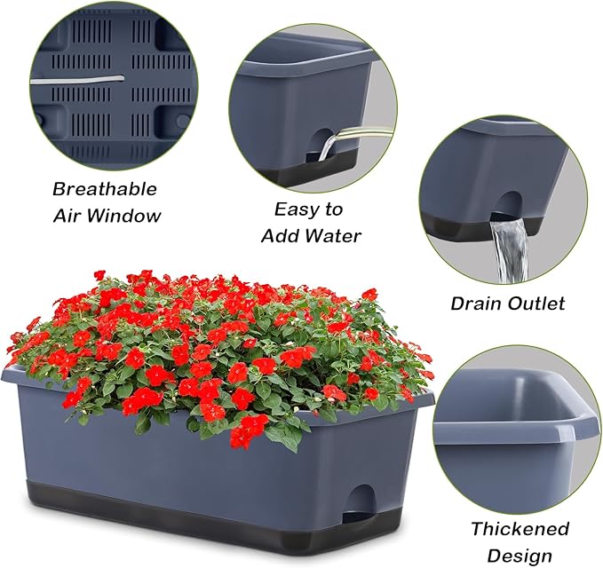 Window Box Planter 8 Pcs, 17 Inches Rectangle Flower Pots with Drainage Holes and Trays, Vegetable Planters for Windowsill Patio Garden Balcony Home Porch Yard Indoor Outdoor (Grey) Oliz