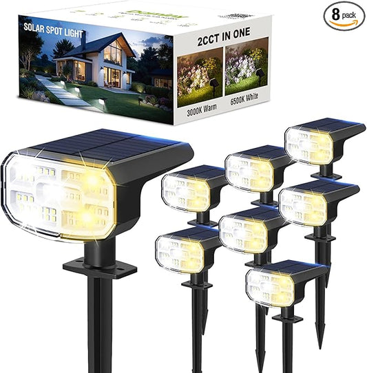 DAMINY Solar Spotlights Outdoor Waterproof IP65,2 CCT(Warm White & Cool White),4 Lighting Modes Solar spot Lights for Yard,Garden,Pathway,Landscape,Auto On/Off-8 Pack DAMINY
