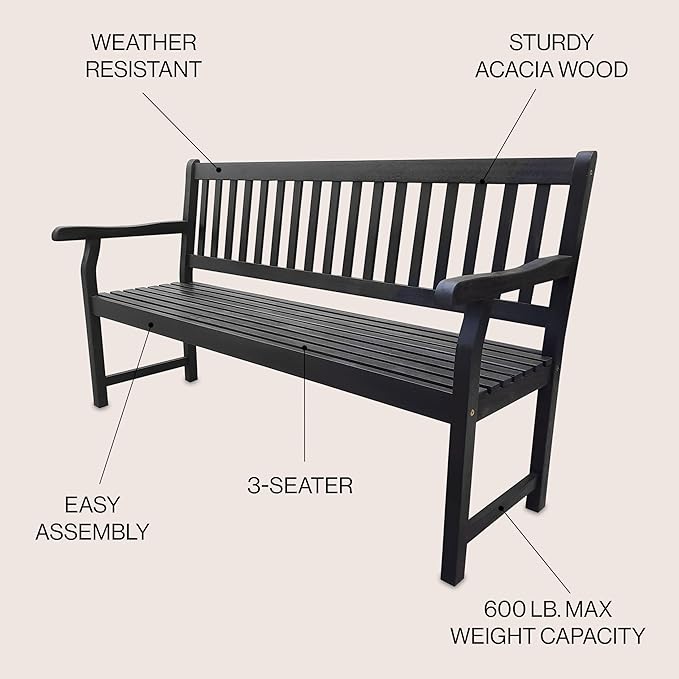 JONATHAN Y BNH101C Laurel 59.1" 3-Seat Slat-Back 600-Lbs Support Acacia Wood Outdoor Garden Patio Bench for Garden, Lawn, Backyard, Pool, Deck, Beach, Firepit, Black JONATHANY