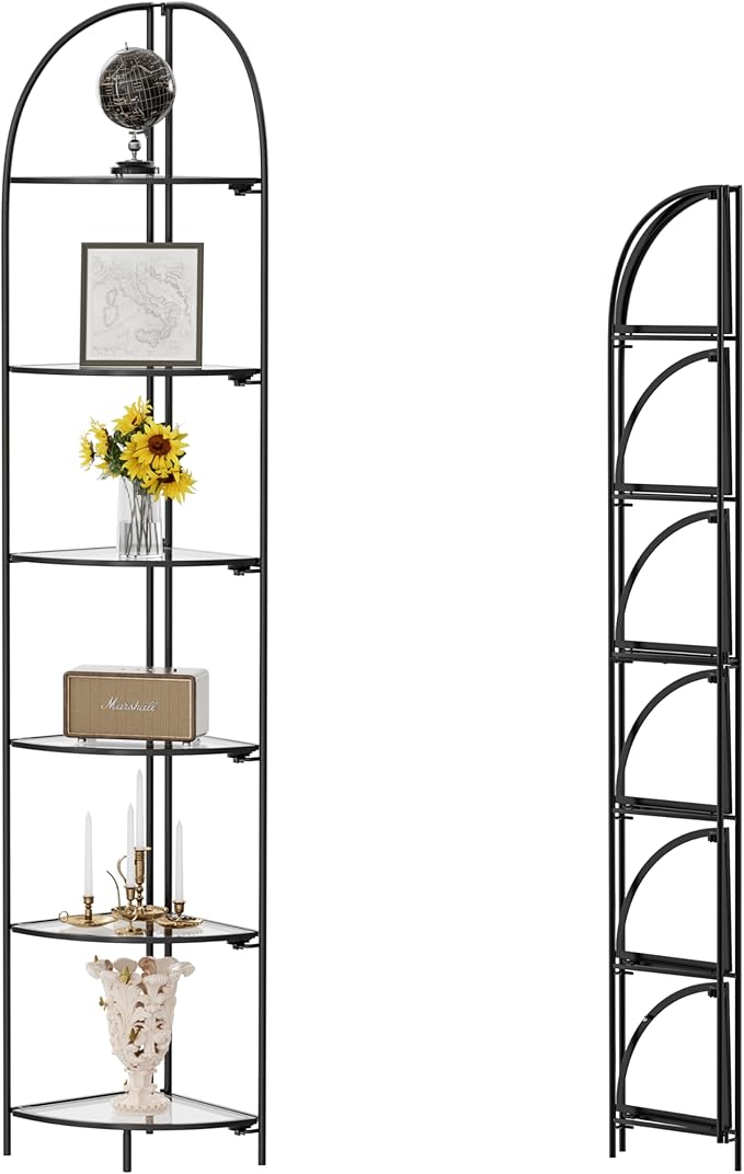 Crofy Foldable 6 Tier Corner Shelf, Metal Corner Plant Stand with Black Frame and Transparent Shelves, Corner Display Rack Multipurpose Shelving Unit for Living Room, Bedroom, Bathroom CrofyLLC