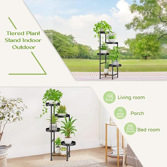 Plant Stand Indoor Outdoor, 5 Tier Metal Flower Pot Shelf Holder Clearance, Tall Corner Rack for Multiple Plants, Modern Organizer Display for Patio Orchid Office Porch Living Room Garden, Black Oppro