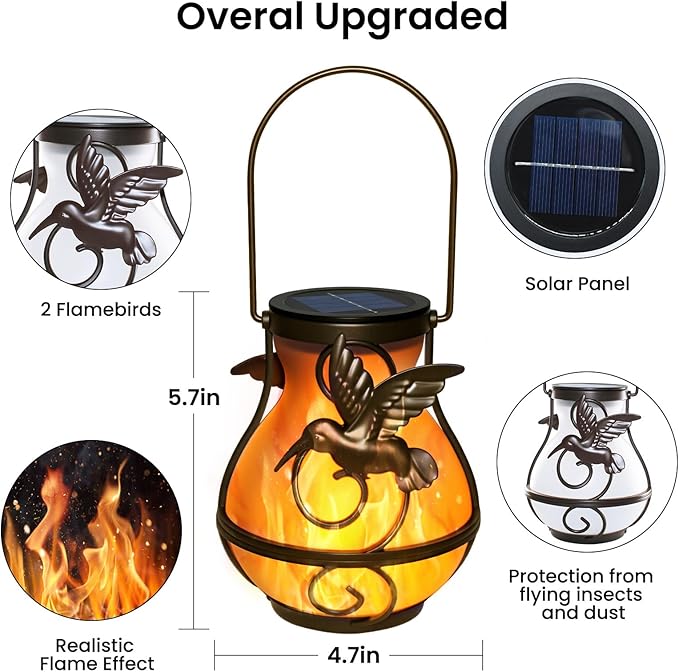 2 Pack Solar Lanterns Outdoor Waterproof, Hanging Hummingbird Flickering Flame Light Garden Decor Hanging Lights Decorative for Outside Patio Pathway Yard Christmas Birthday Gifts Rootora