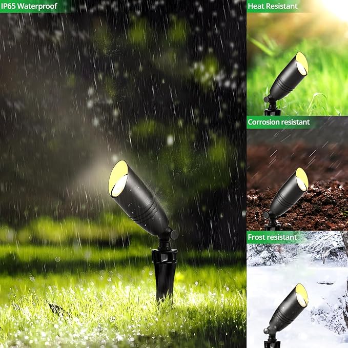 wowlite Low Voltage Spot Lights Outdoor LED 4 Pack, Die-cast Aluminum Landscape Spotlights, Waterproof Black Uplights with MR16 Bulbs Ground Stake for Garden Courtyard Pathway wowlite