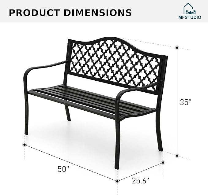 MFSTUDIO 50" Black Outdoor Metal Garden Bench, Cast Iron Frame Patio Furniture with E-Coating, Perfect for Porch and Yard MFSTUDIO