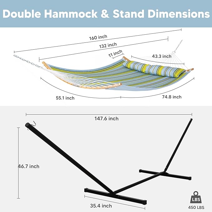 SUNCREAT Portable Outdoor Hammock with Stand Included, Double Hammock with Stand for Outside, Yellow Blue SUNCREAT
