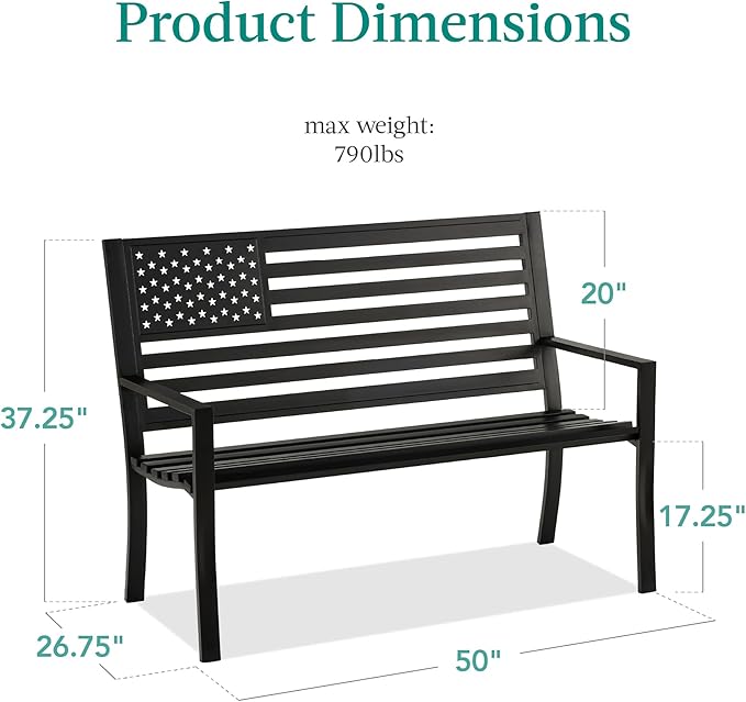 Best Choice Products Outdoor Bench 2-Person Steel Indoor/Outdoor Bench for Garden, Patio, Porch, Entryway w/American Flag, 790lb Capacity – Black BestChoiceProducts