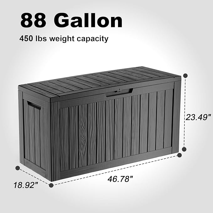 ROJIK Outdoor Storage Housing Deck Box - Waterproof Patio Furniture, Garden Tools, Cushions, Pool Accessories Storage Bench with Lockable Lid and Side Handles (Black 88 Gal) ROJIK