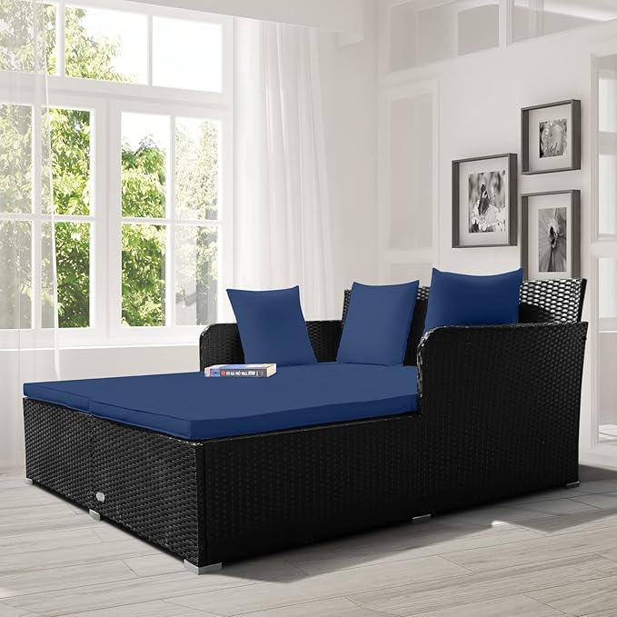 RELAX4LIFE Rattan Patio Outdoor Daybed, Wicker 2-Person Sunbed Loveseat with Soft Cushions, 4 Pillows, Curved Backrest & Armrest, Double Bed Lounger Sofa Set for Balcony Porch, Patio Bed (Navy) RELAX4LIFE