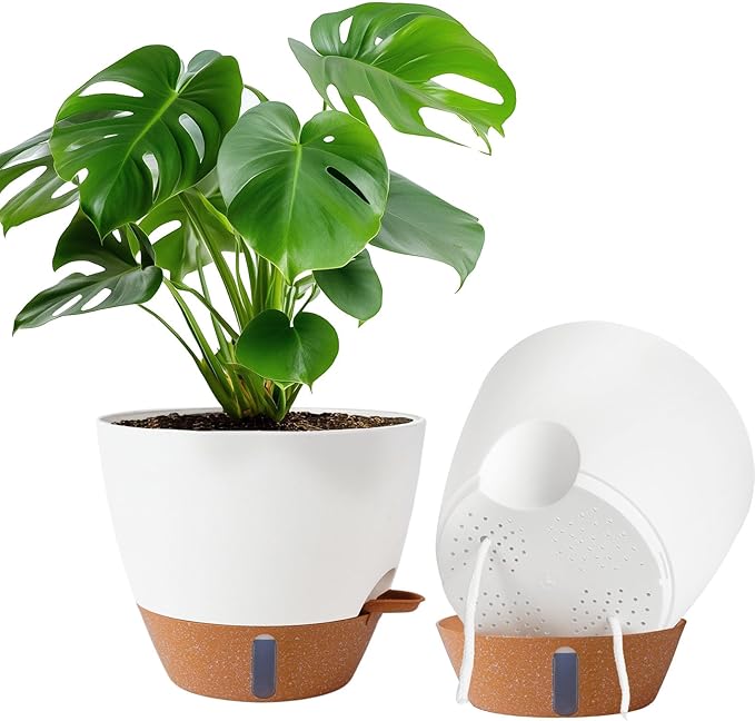 2 Pack 10 inch Plant Pots, Plastic Self Watering Planters with Drainage Holes, Deep Reservoir, Water Level Indicator, Modern Decorative Flower Pots for Indoor Outdoor Plants (White, 10 inch) Fielda