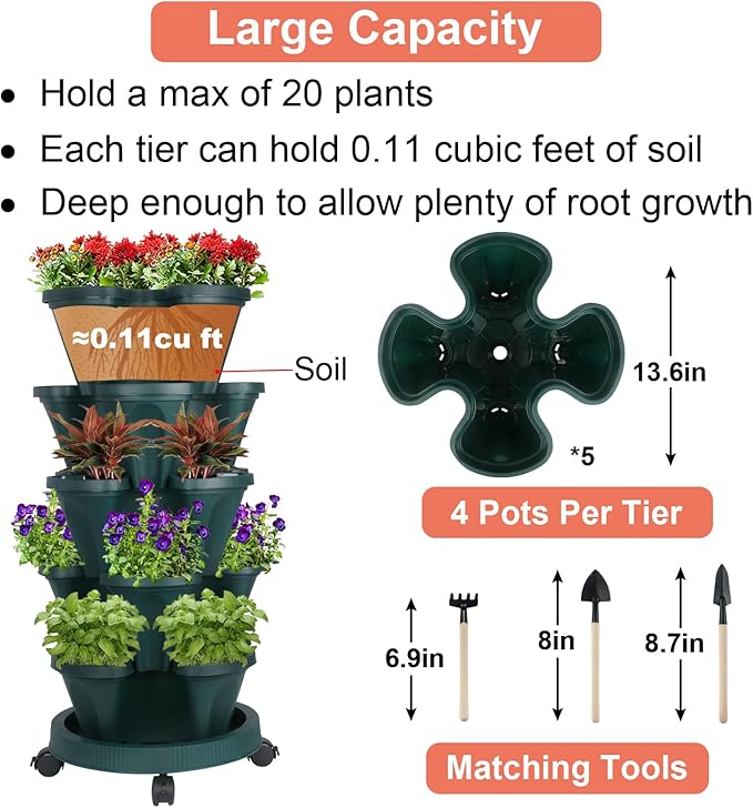 GameXcel Vertical Planter 5 Tier Stackable Planters Garden Planters Strawberry Herb Flower and Vegetable Planter Indoor Outdoor Gardening Pots with Removable Wheels and Tools 2-Pack GameXcel
