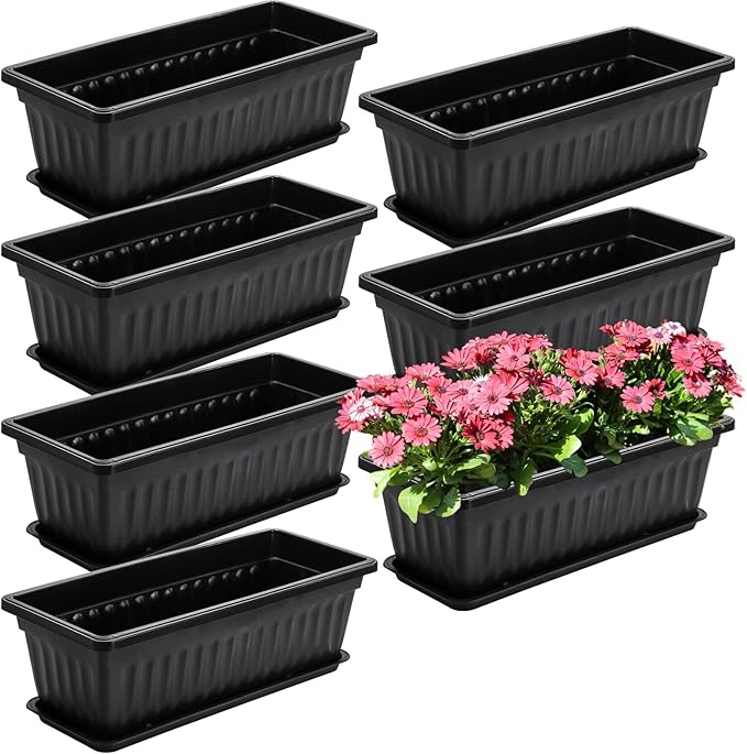 Fasmov 7 Pack 17 Inches Flower Window Box Plastic Vegetable Planters with Trays Vegetables Growing Container Garden Flower Plant Pot with 7 Pcs Plant Labels for Balcony, Patio, Garden, Black Fasmov