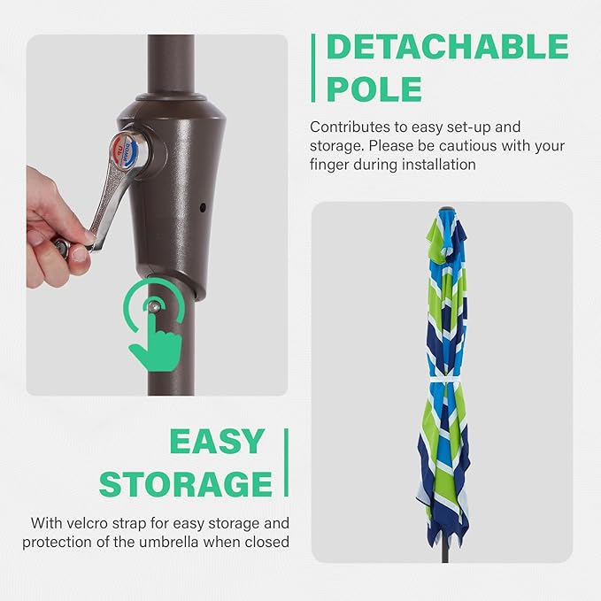 JEAREY 6.5x10 ft Rectangular Patio Umbrellas Rectangle Outdoor Umbrella with Push Button Tilt and Crank, Market Table Umbrella 6 Sturdy Ribs UV Protection for Poolside Garden Backyard Deck, Blue-Green Stripe JEAREYOutdoorsCollection