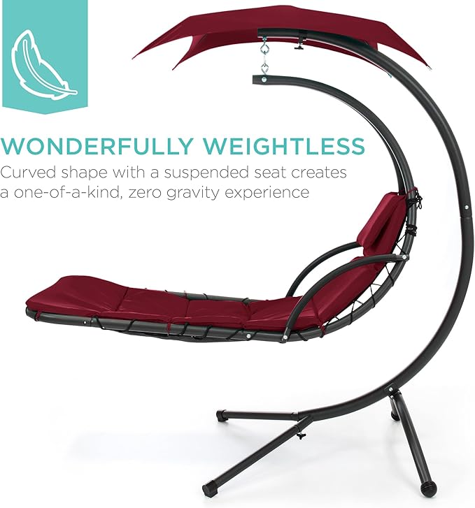 Best Choice Products Outdoor Hanging Curved Steel Chaise Lounge Chair Swing w/Built-in Pillow and Removable Canopy - Burgundy BestChoiceProducts