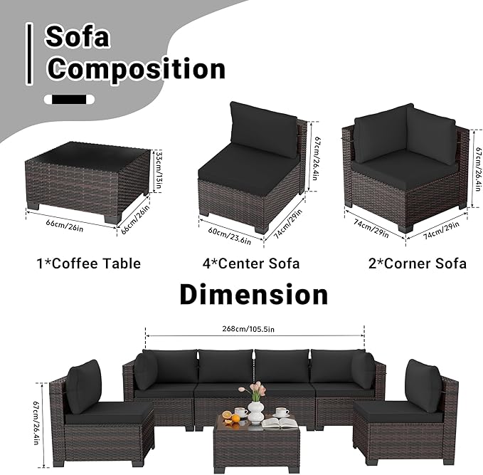 LEVELEVE 7 Pieces Outdoor Patio Furniture Sets,Rattan Conversation Sectional Set,Manual Weaving Wicker Patio Sofa with Tea Table(Black 7pcs) Enjoyyourlife